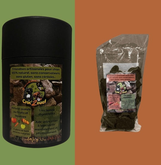 Découvrez les biscuits artisanaux Croc'2ouaf : naturels, sans céréales et parfaits pour les chiens sensibles.