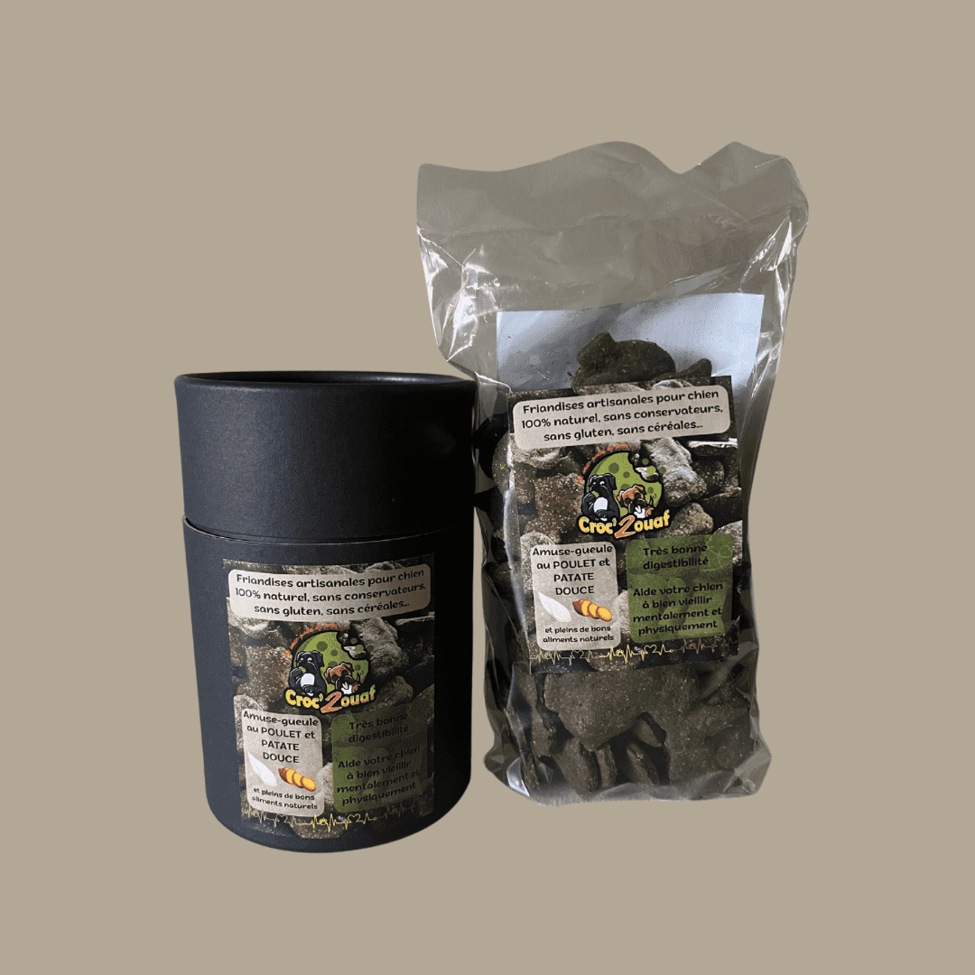 Lot biscuits artisanaux poulet patate douce avec recharge Croc’2ouaf